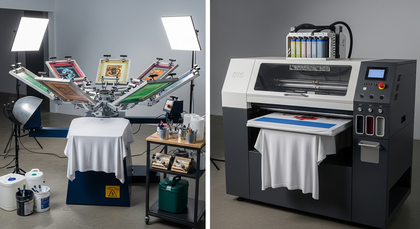 Split comparison showing a screen printing press on the left and a DTG printer on the right