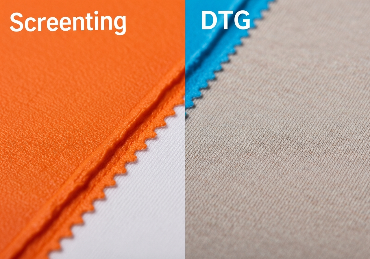 Side-by-side detail comparison showing screen printing texture versus DTG smooth finish