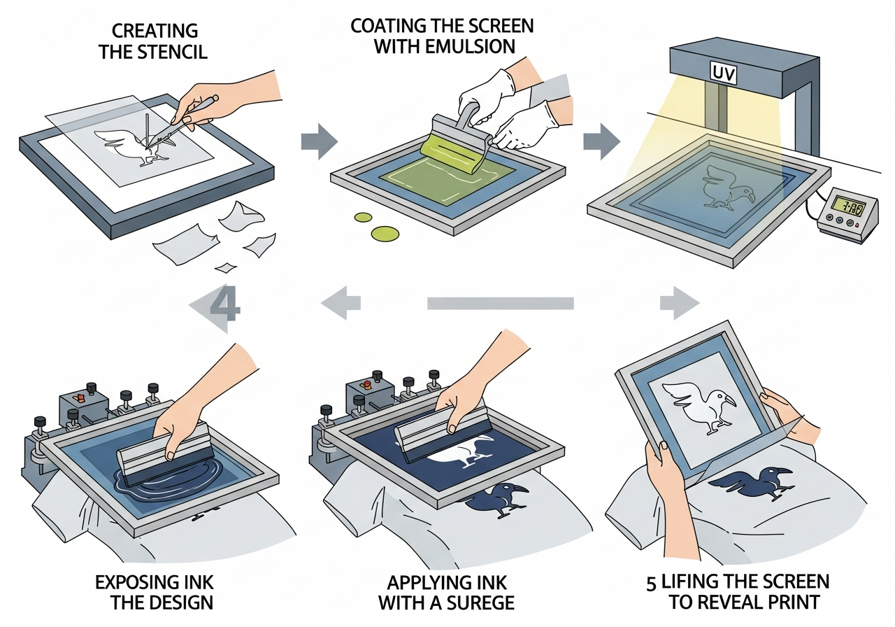 Step-by-step illustration of the screen printing process from stencil creation to final print