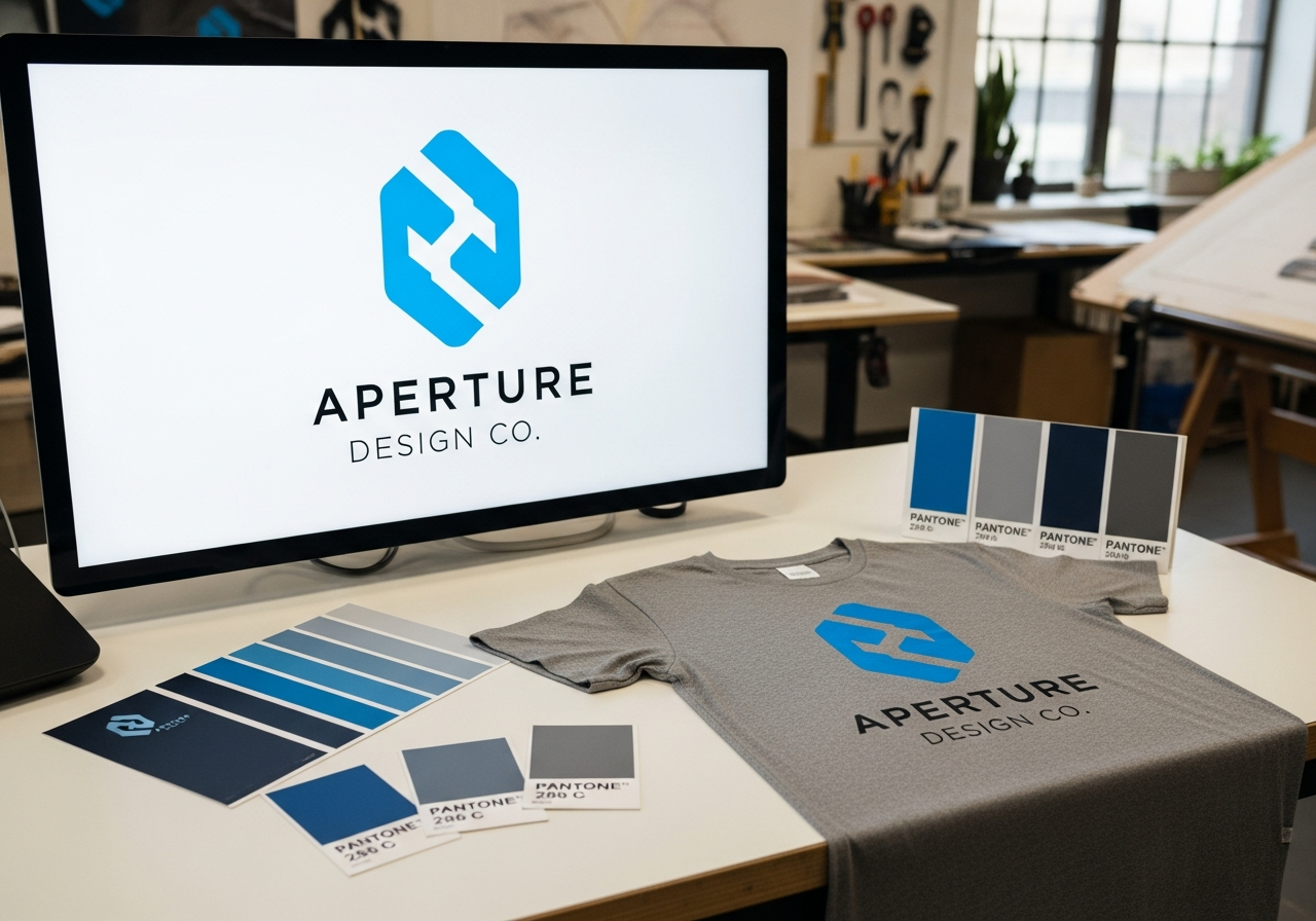 Side-by-side comparison showing brand color consistency from digital logo to printed shirt