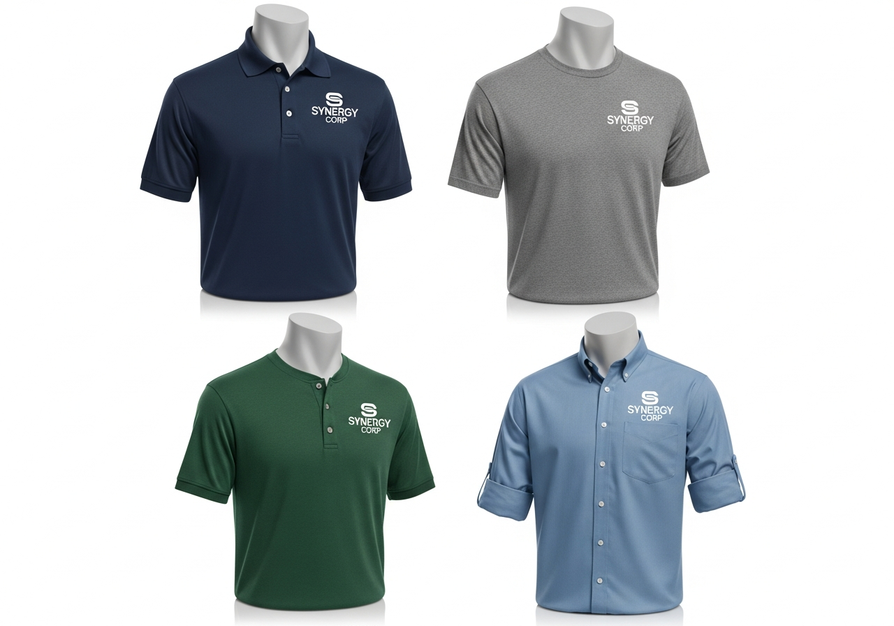 Grid showing different employee uniform shirt styles including polo, crew neck, and henley options