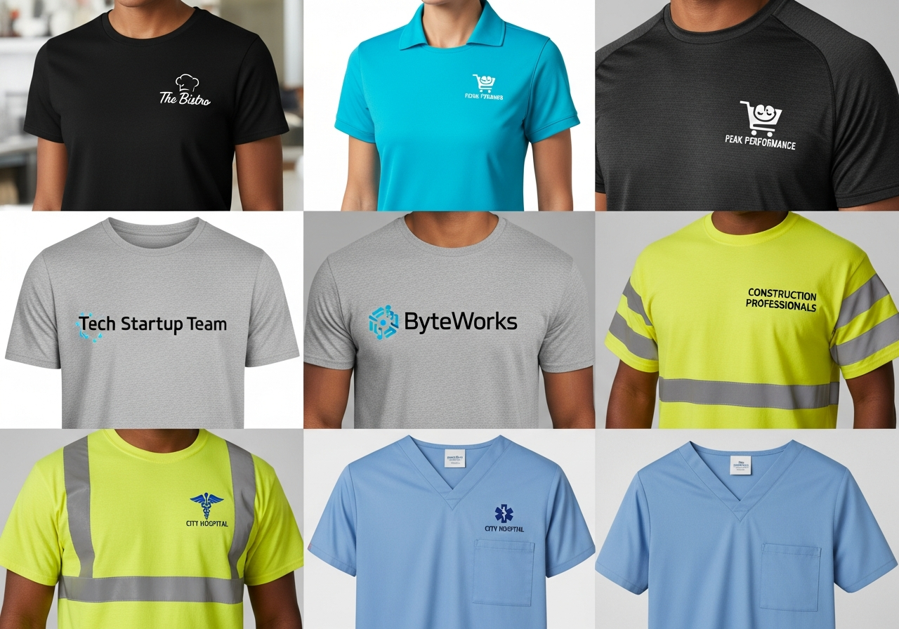 Collage of industry-specific uniform examples from restaurants, retail, fitness, and tech companies