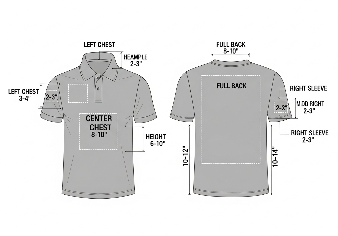 Diagram showing professional logo placement options for business t-shirts including left chest, center, and back positions