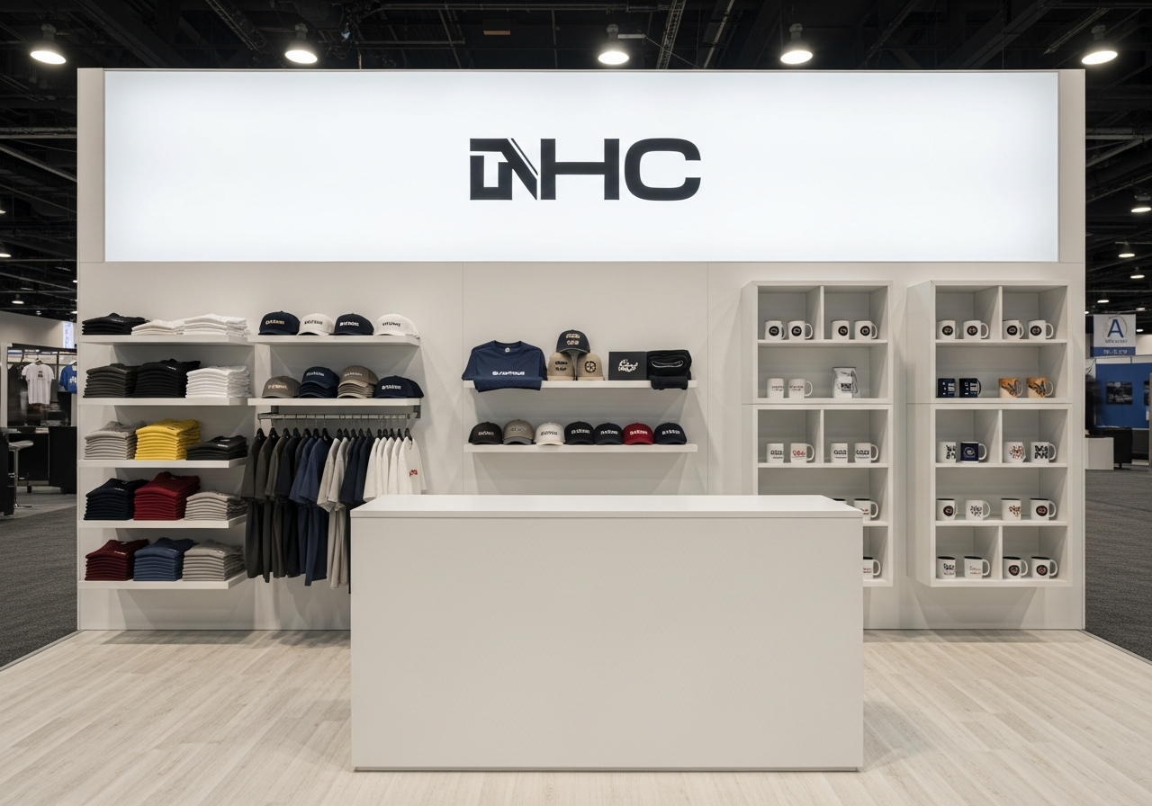 Trade show booth with branded merchandise display including t-shirts, hats, and mugs