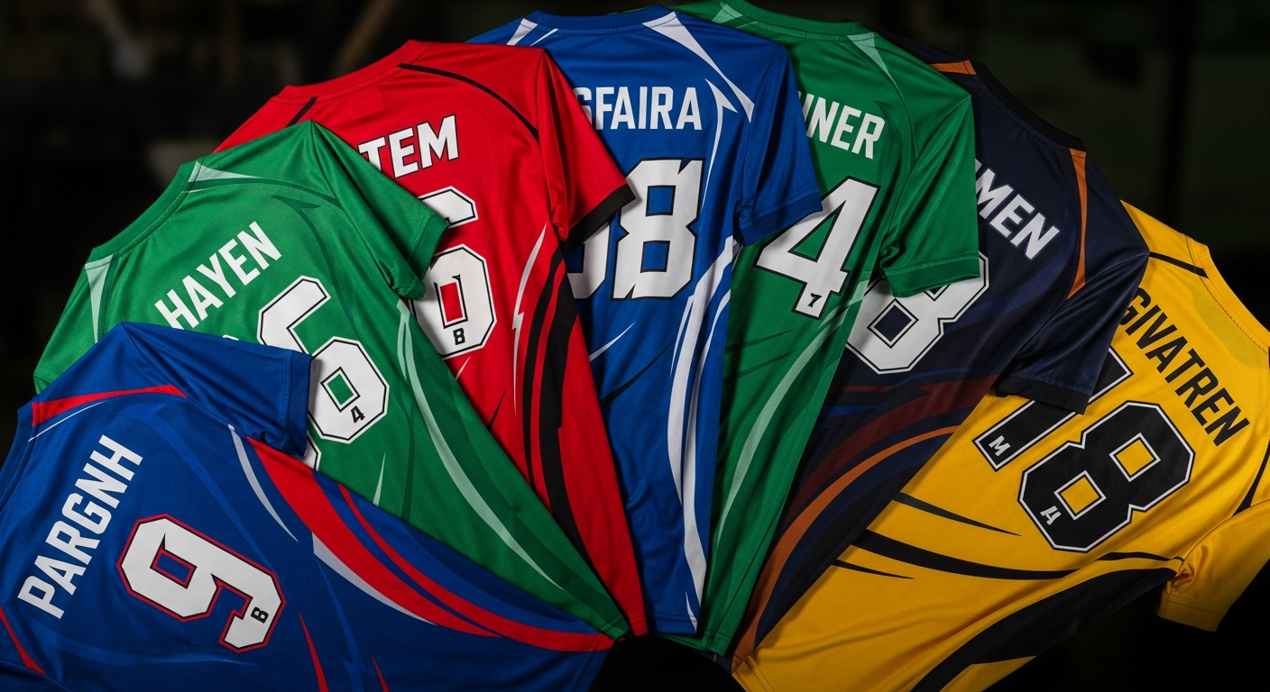 Custom sports team t-shirts displayed with warm-up designs fan gear and tournament merchandise