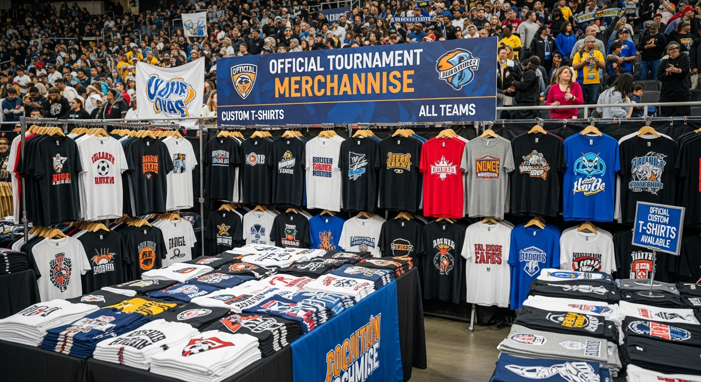 Tournament merchandise display with custom fan gear t-shirts for sports team supporters