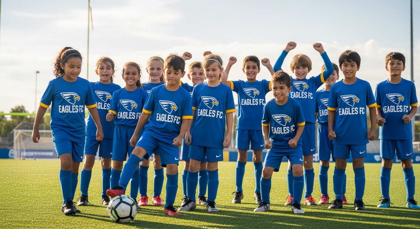 Youth sports team wearing custom warm-up t-shirts before a tournament game