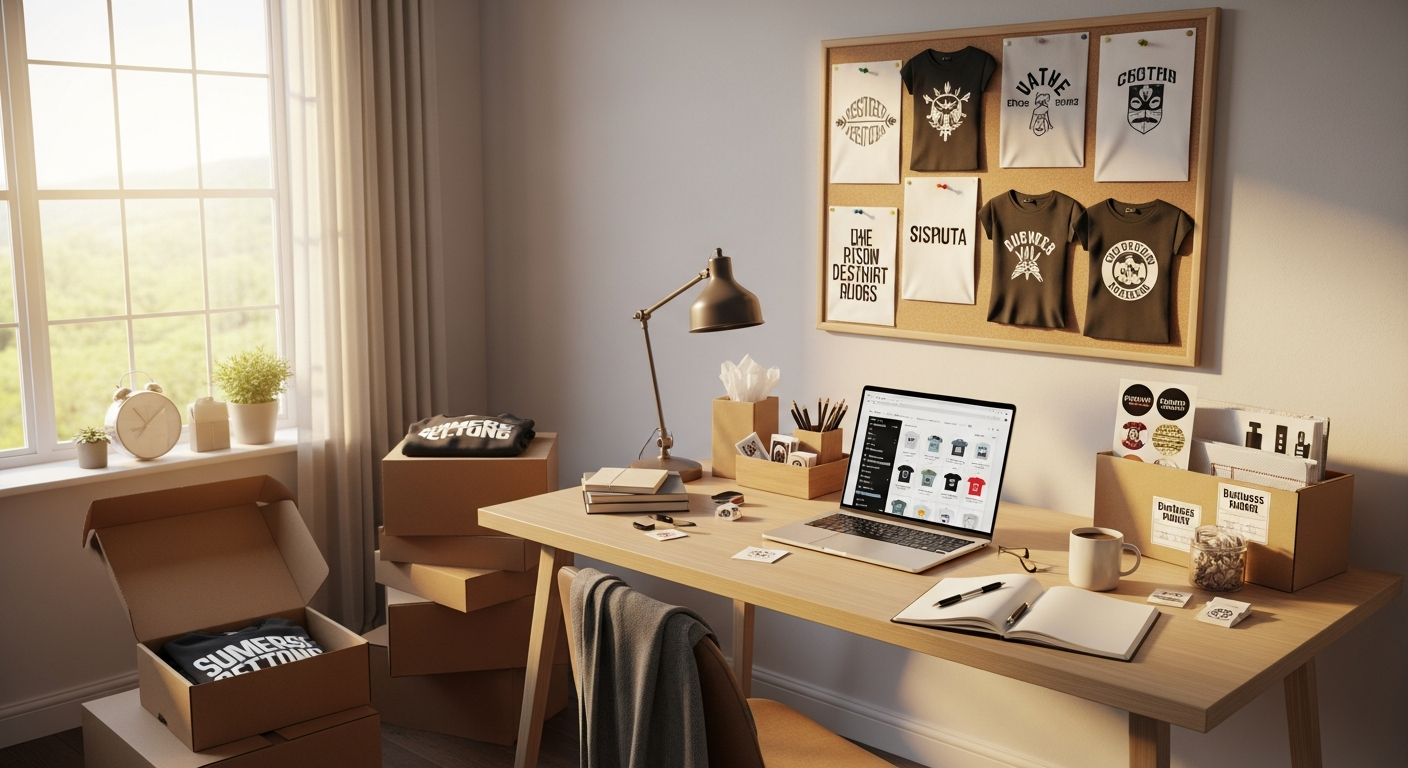 Starting a print-on-demand t-shirt business with laptop, designs, and custom shirts