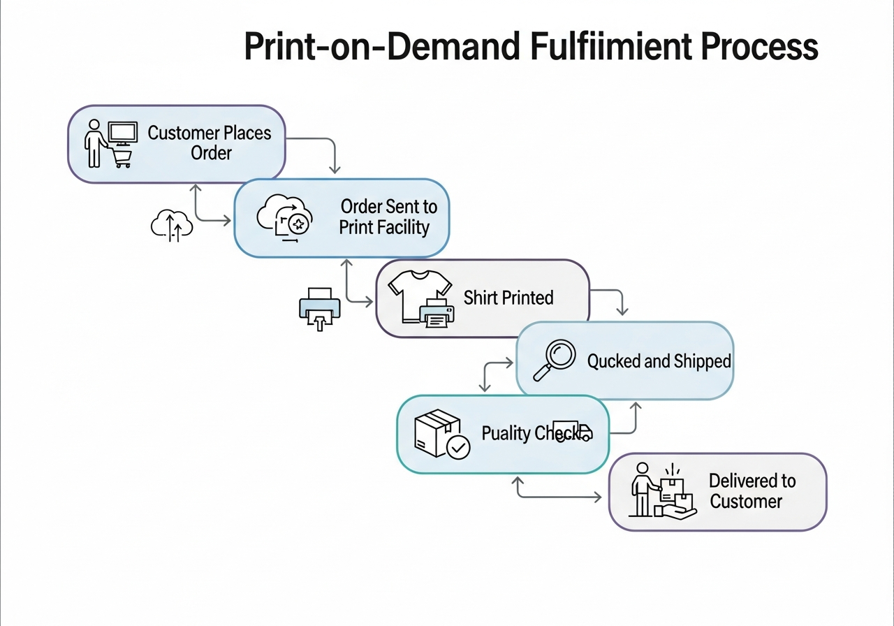 Print-on-demand fulfillment process diagram from order to delivery