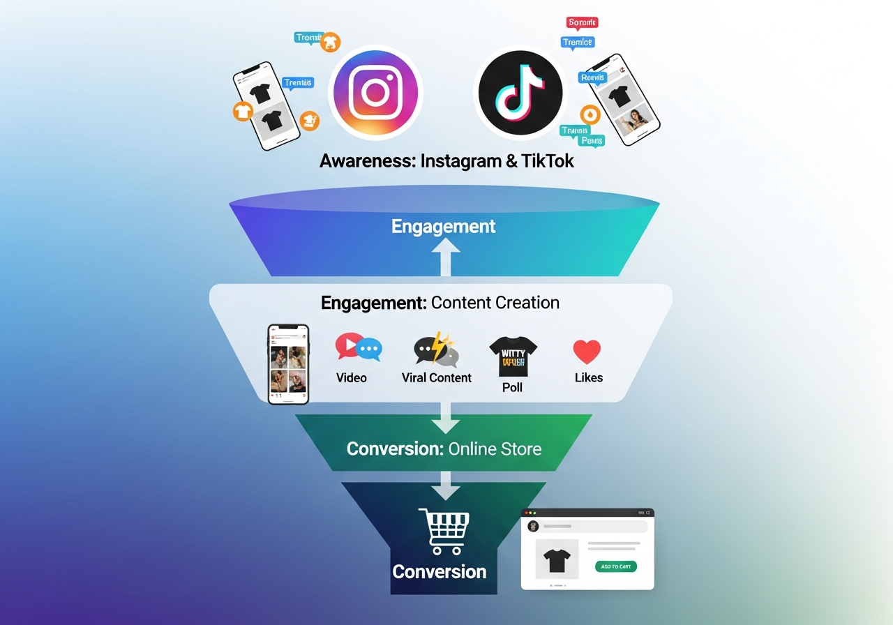 Social media marketing strategy for t-shirt business showing platform-specific tactics