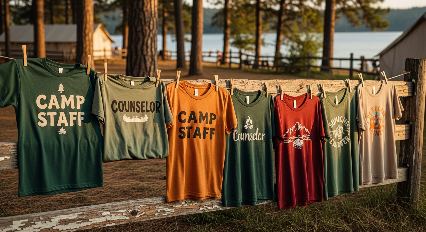 Summer camp counselors and staff wearing differentiated custom t-shirts for easy identification