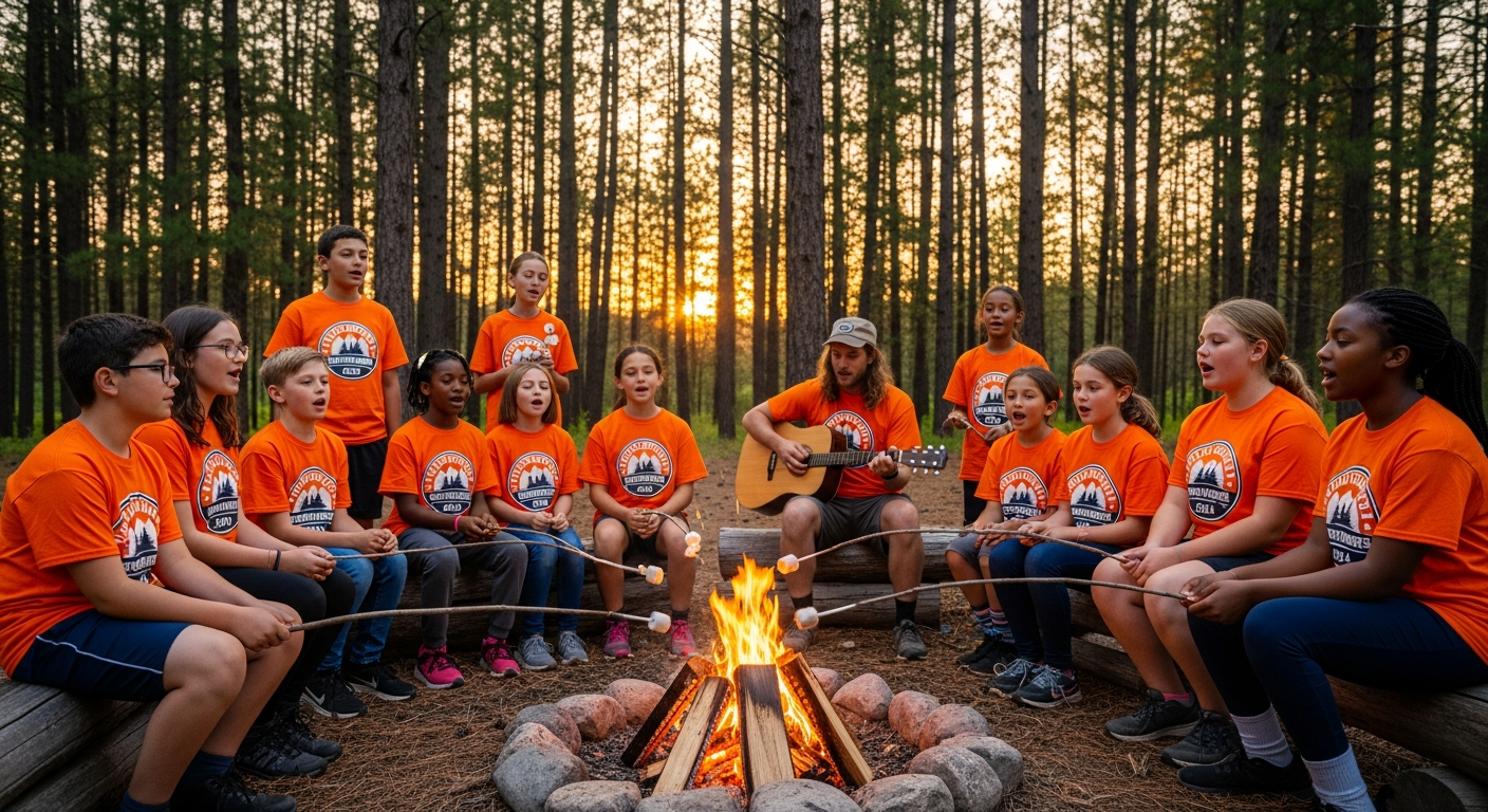 Campers wearing colorful custom-designed summer camp t-shirts during outdoor activities