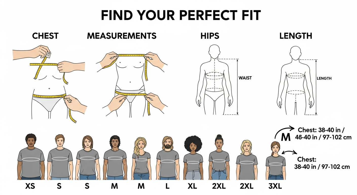 Custom t-shirt size guide showing measurement points and fit comparison chart