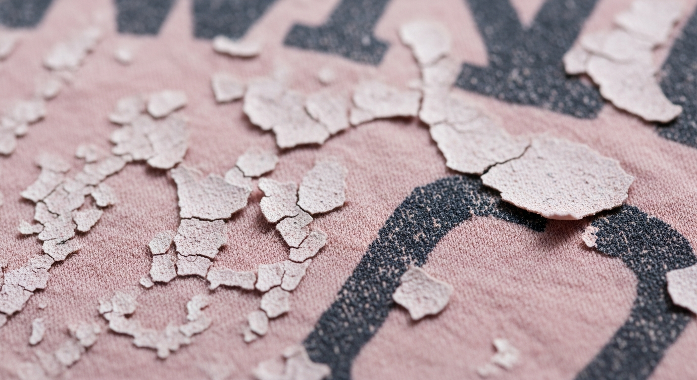 Close-up detail of distressed cracked ink texture on a vintage-style custom t-shirt print