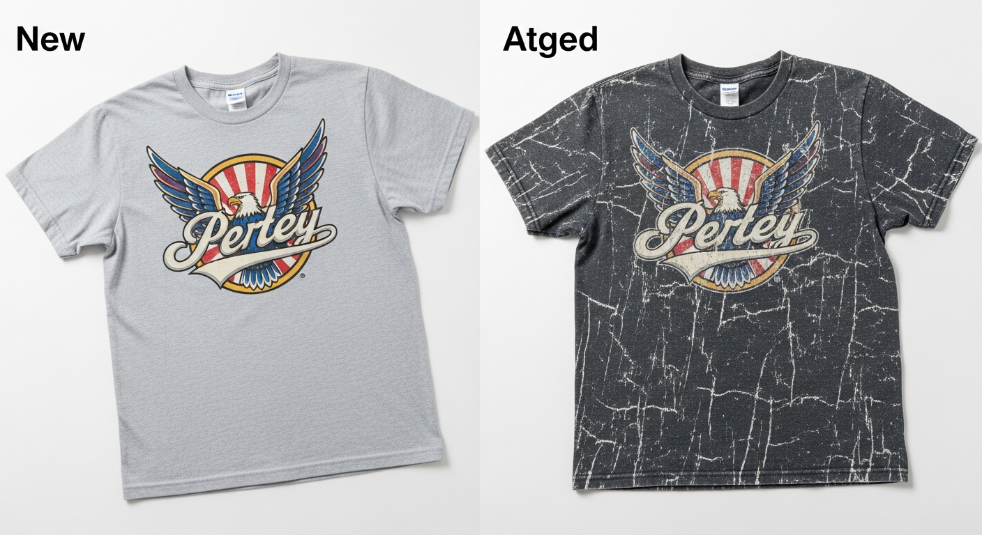 Side-by-side comparison of new crisp t-shirt print versus vintage distressed effect on custom apparel
