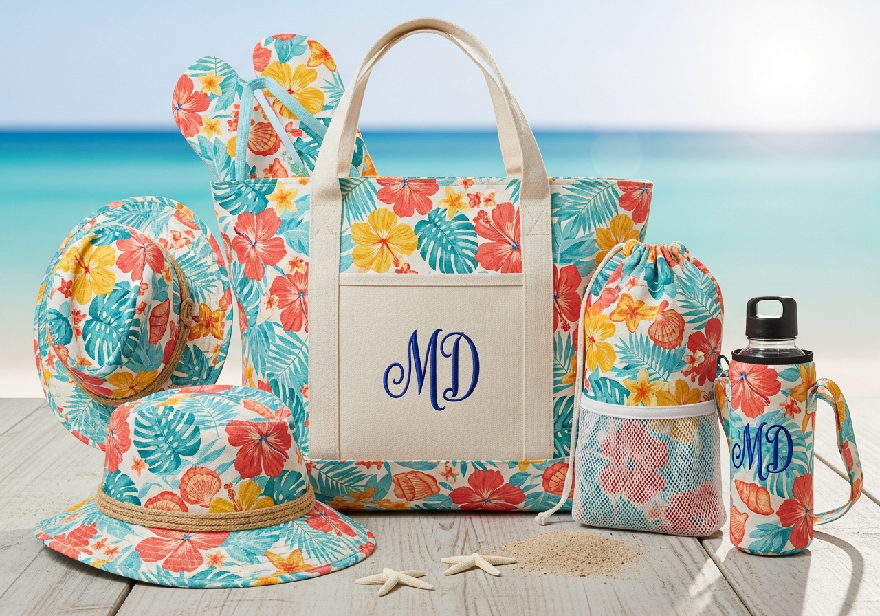 Custom beach tote bags with matching accessories sunhat flip flop bag and water bottle holder