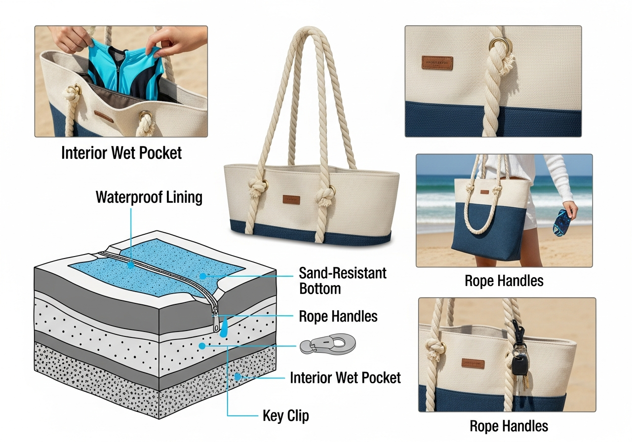 Beach tote bag features diagram showing waterproof lining sand-resistant bottom and rope handles