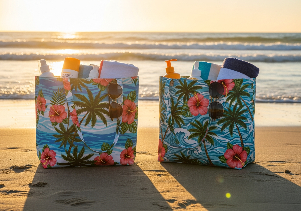 Custom beach tote bags with tropical designs on sandy beach at sunset with summer essentials