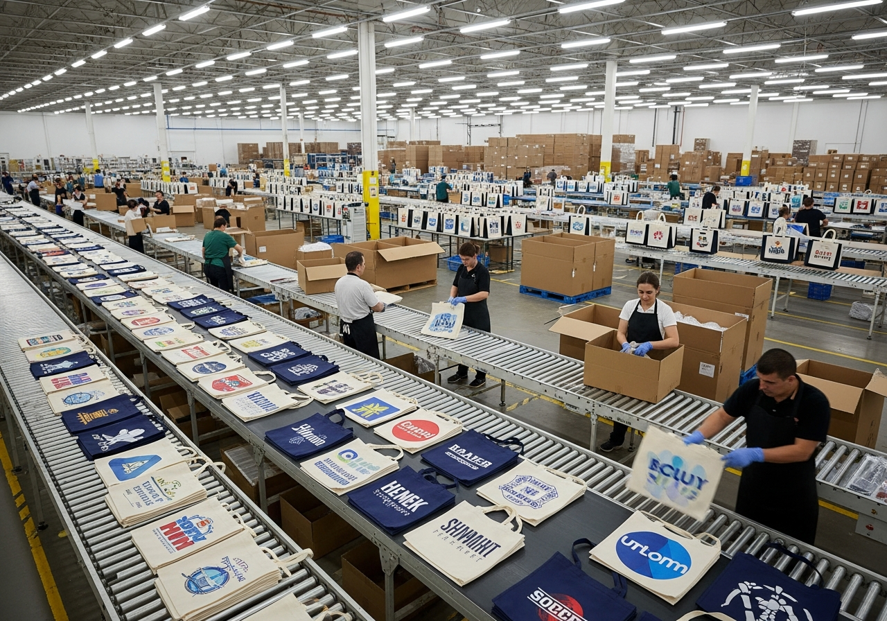 Large warehouse with custom tote bags packed for bulk shipment on conveyor belts