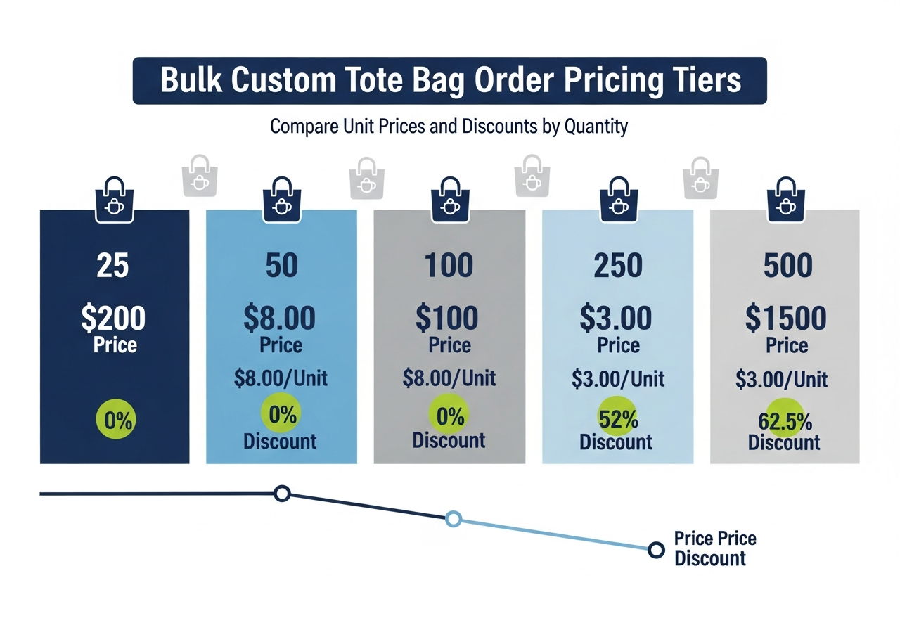 Pricing tier infographic for bulk custom tote bag orders at 25 50 100 250 and 500 units