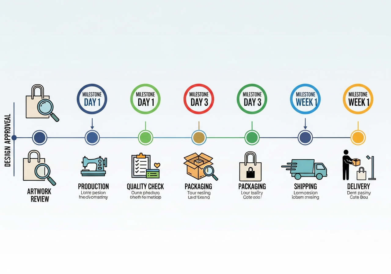 Bulk order production timeline from design approval through quality check to delivery