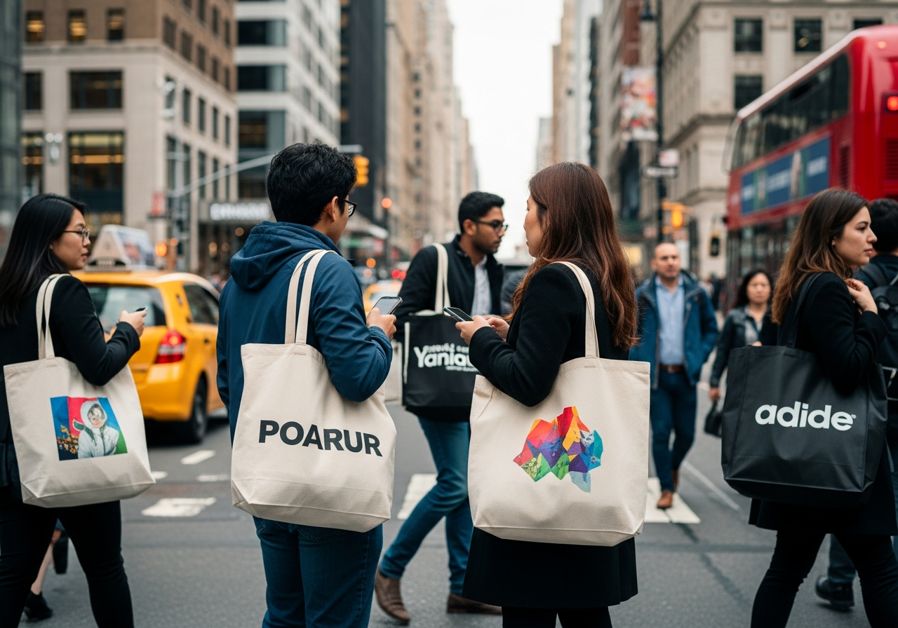 Infographic showing custom tote bag brand impression statistics and ROI comparison for business promotional products