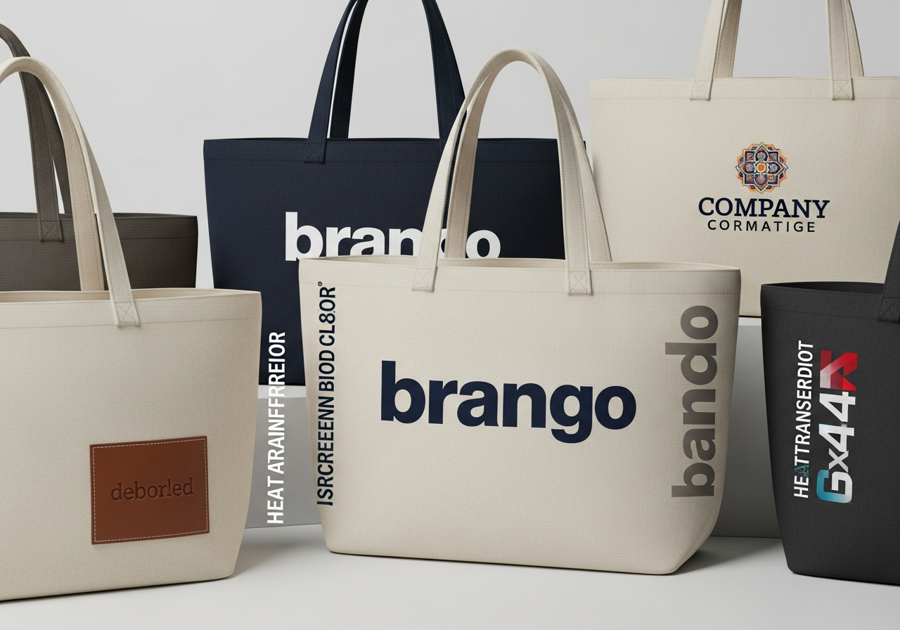 Custom branded business tote bags showing corporate logos promotional designs and trade show bags