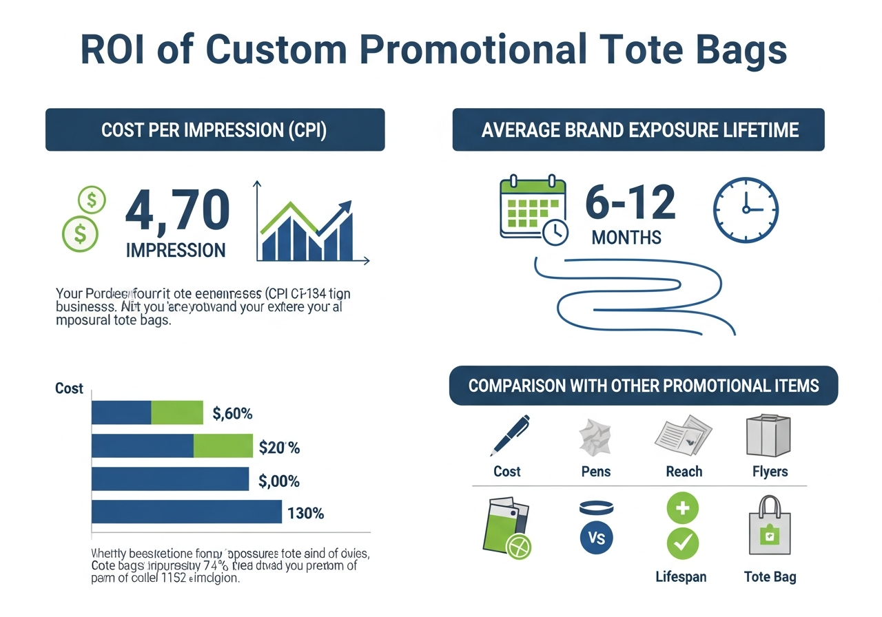 ROI infographic for custom promotional tote bags cost per impression and comparison with other items