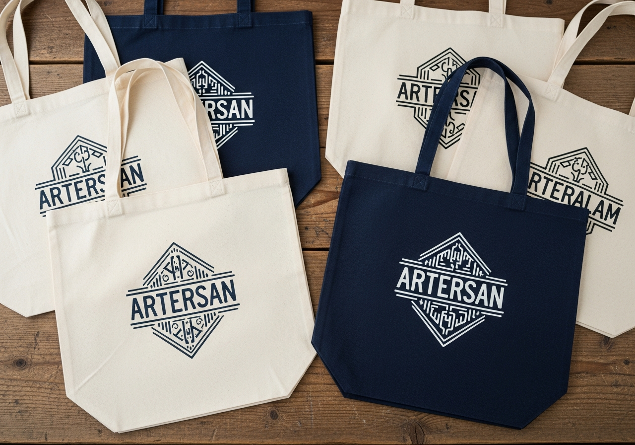 Finished custom canvas tote bags with screen printed logos in natural and dyed colors