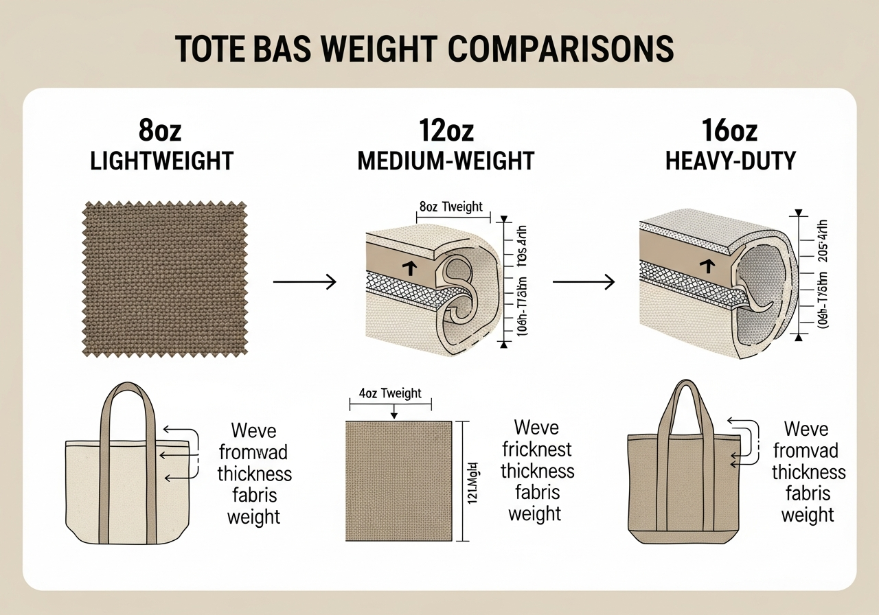 Custom canvas tote bag weight comparison showing 8oz 12oz and 16oz canvas fabric thickness and structure