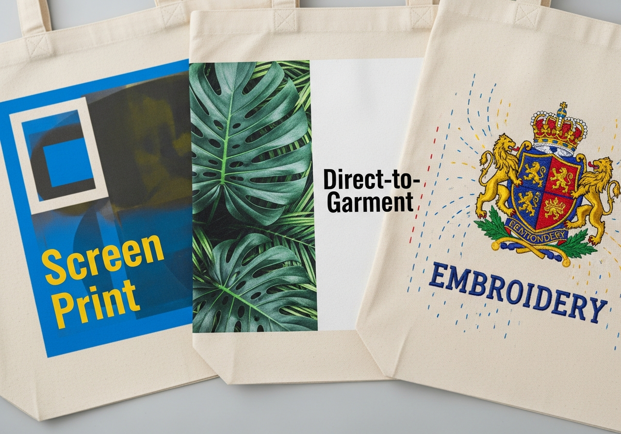 Screen printing vs DTG vs embroidery results on custom canvas tote bags at different weights