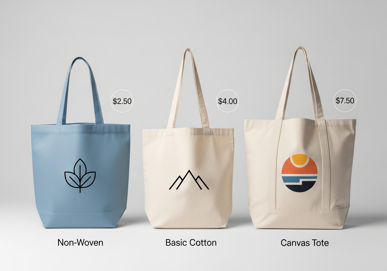 Affordable budget-friendly custom tote bags in non-woven cotton and canvas at different price points