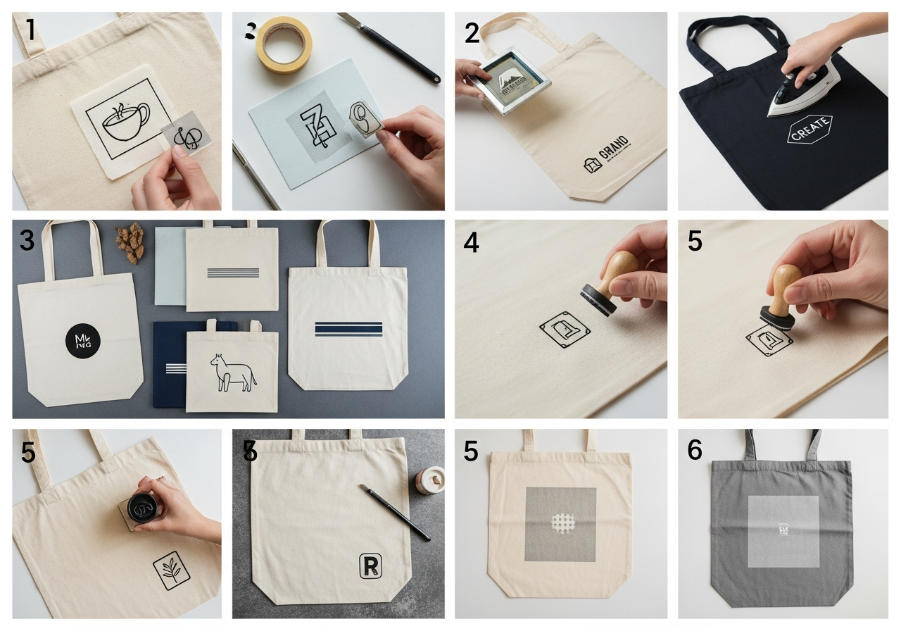 Budget custom tote bag printing tips showing one-color designs and small logo placements