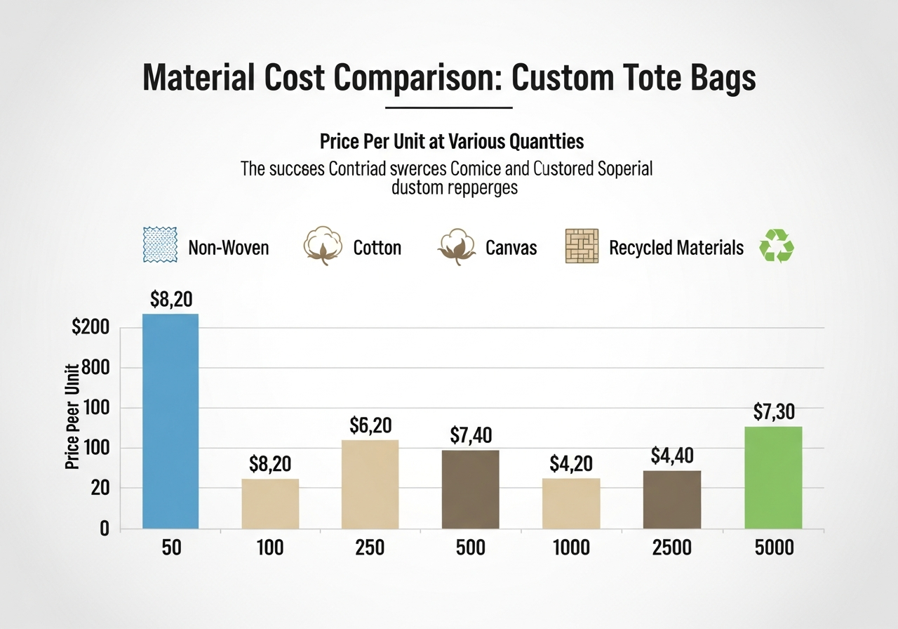 Material cost comparison chart for custom tote bags per unit for non-woven cotton canvas and recycled
