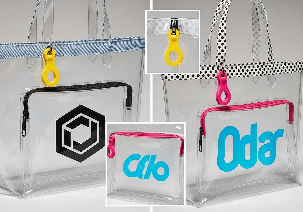 Clear tote bag customization options with screen printing vinyl and colored trim accessories