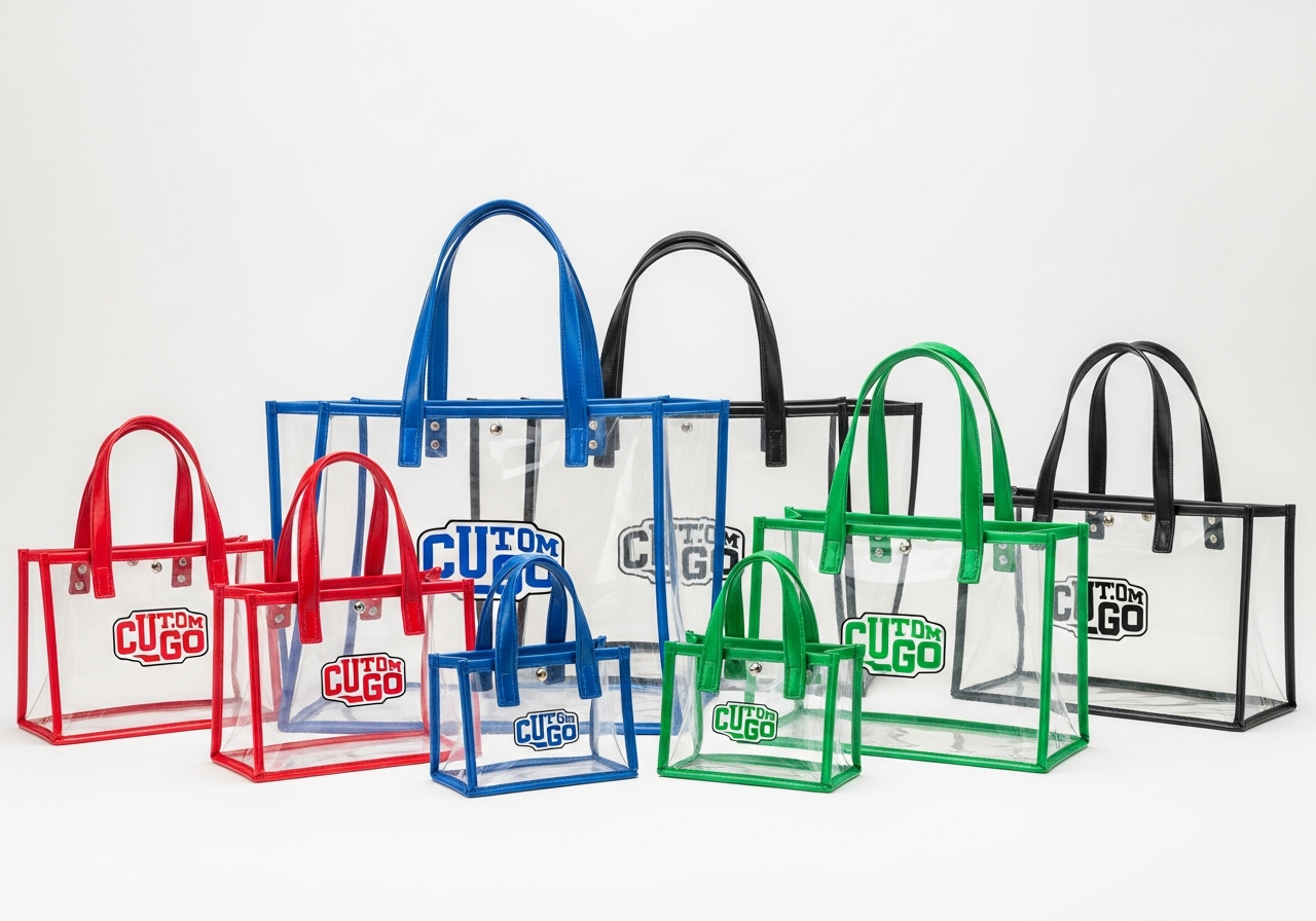 Collection of custom clear tote bags with different vinyl and screen printed branding options for stadiums and events