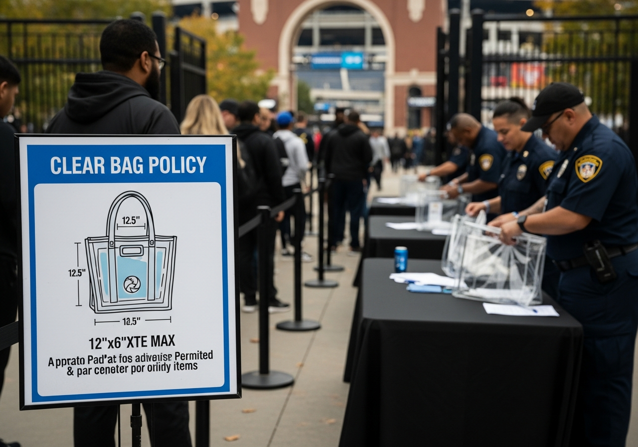 Custom clear tote bag at a stadium entrance showing transparent vinyl material with printed team logo