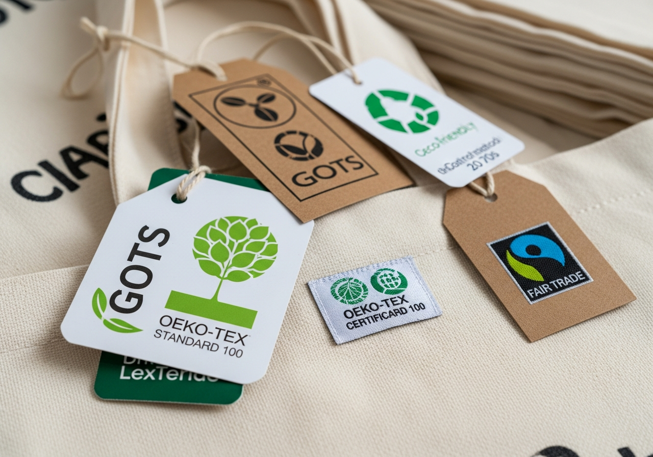 GOTS OCS and OEKO-TEX certification labels on organic cotton custom tote bags
