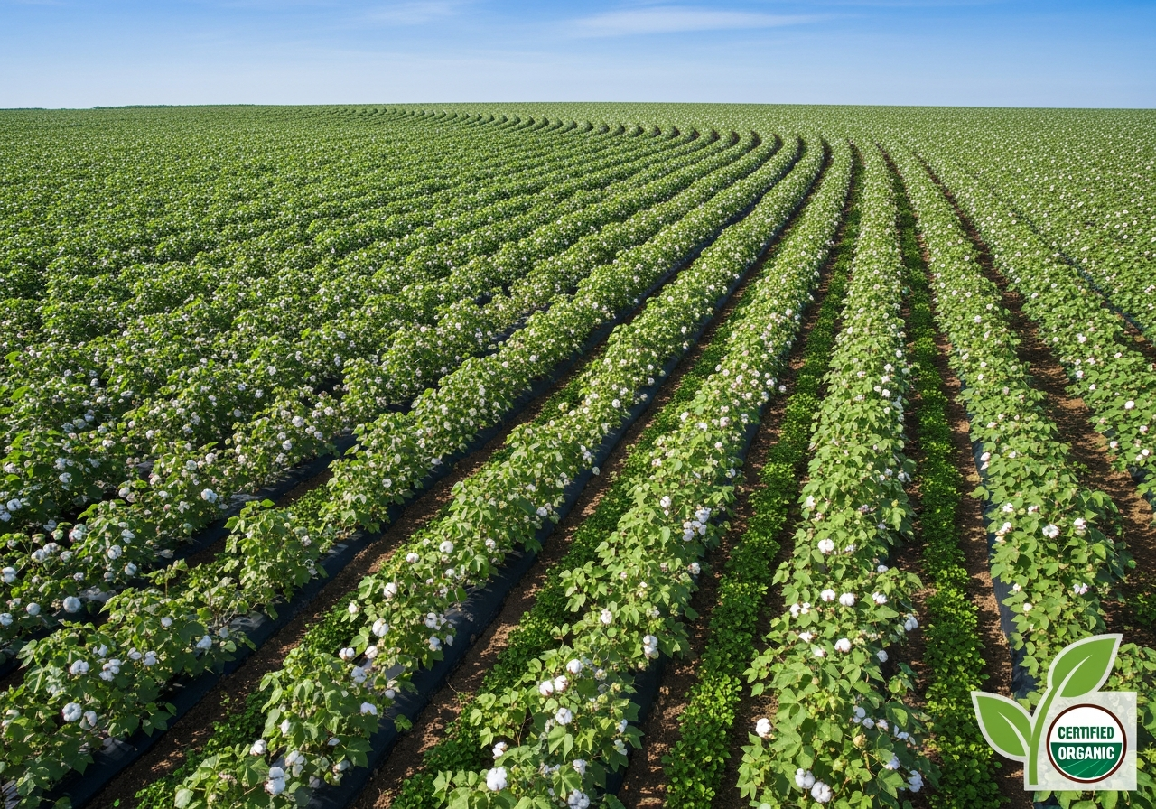 Organic cotton field showing sustainable farming practices for custom tote bag production