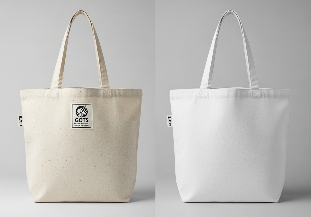 Side by side comparison of organic and conventional custom cotton tote bags with logo printing