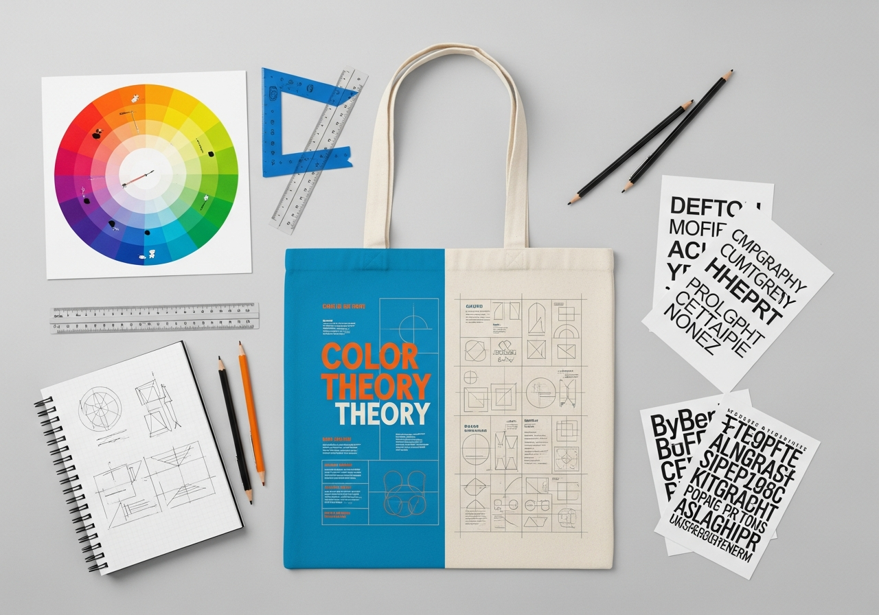 Color theory and design principles for custom tote bags with complementary colors and layout grids