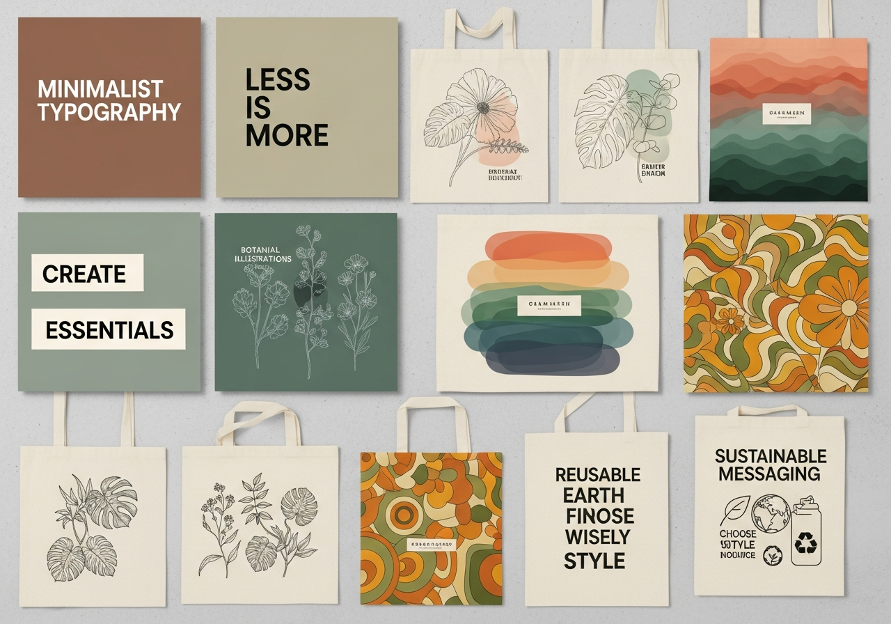 2026 tote bag design trends with minimalist typography botanical illustrations and gradient patterns