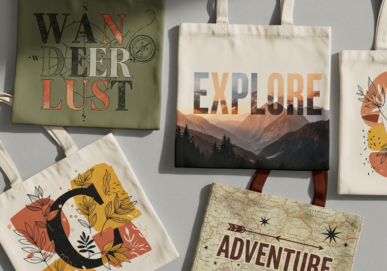 Trending custom tote bag examples with maximalist typography earth tones and photo-realistic prints