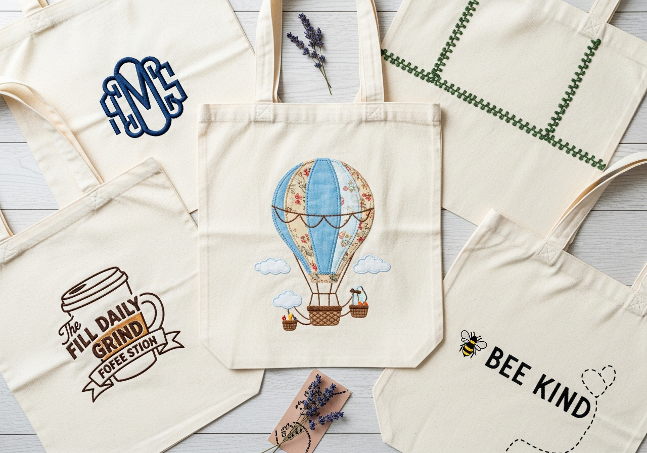 Collection of finished custom embroidered tote bags showing satin fill and applique stitch types