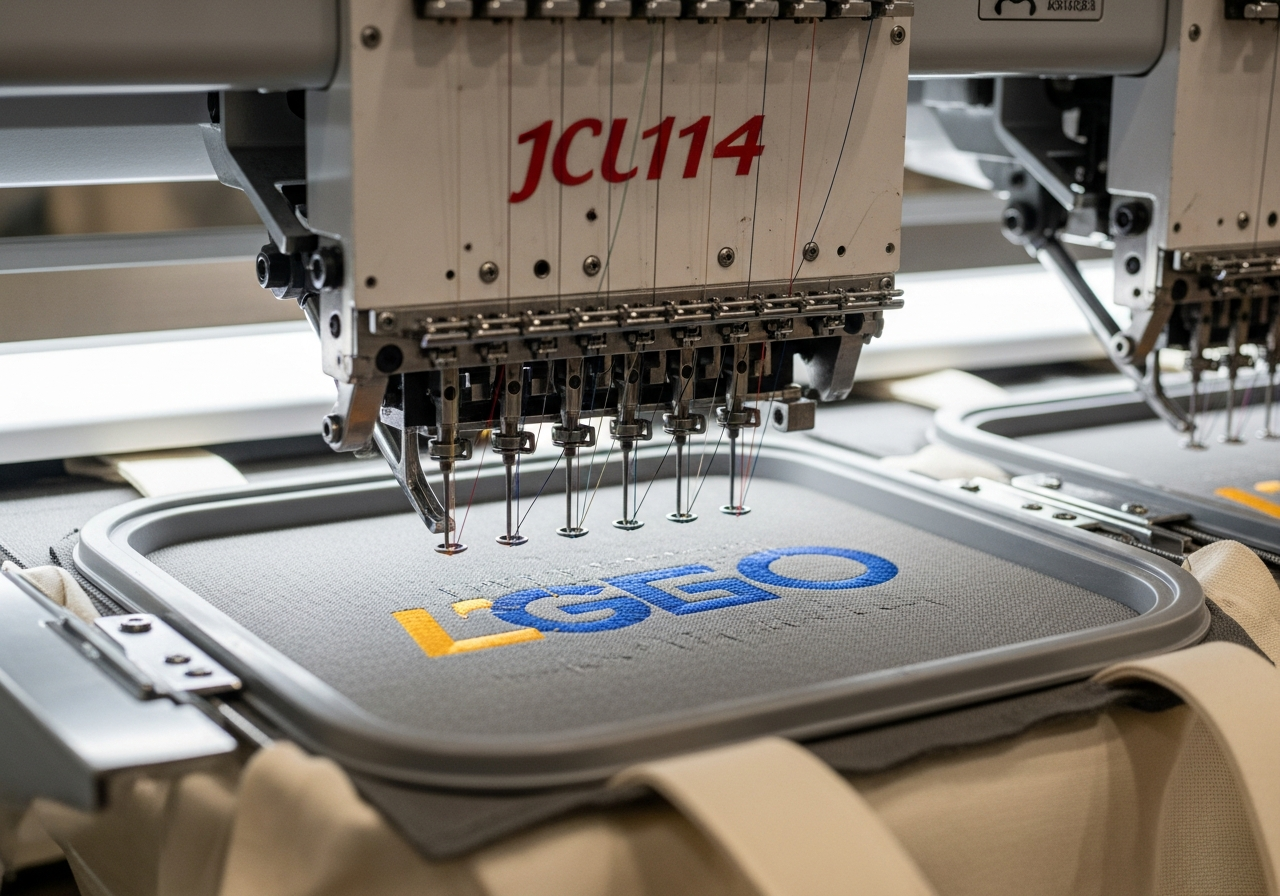 Custom tote bag embroidery process showing digitized design setup and multi-needle machine stitching