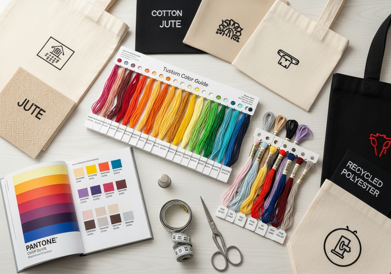 Embroidery thread color chart and weight samples for custom tote bag Pantone color matching