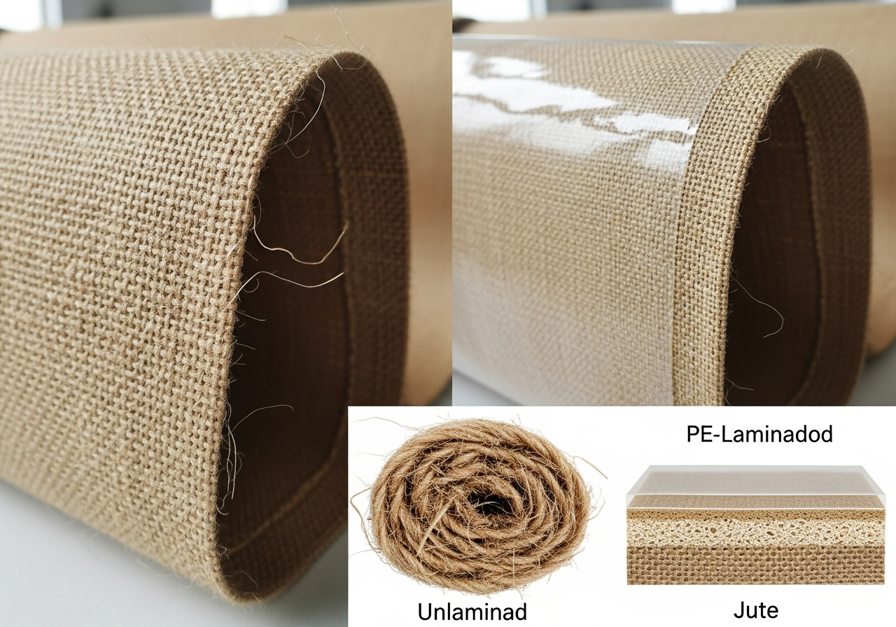 Laminated versus unlaminated jute tote bag material comparison showing waterproof PE coating
