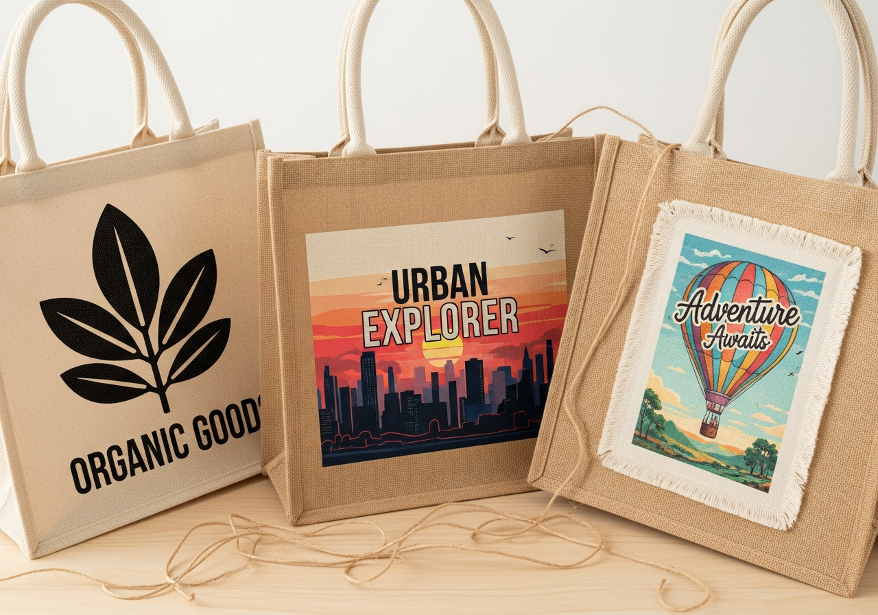 Screen printing and heat transfer results on natural jute tote bag fabric