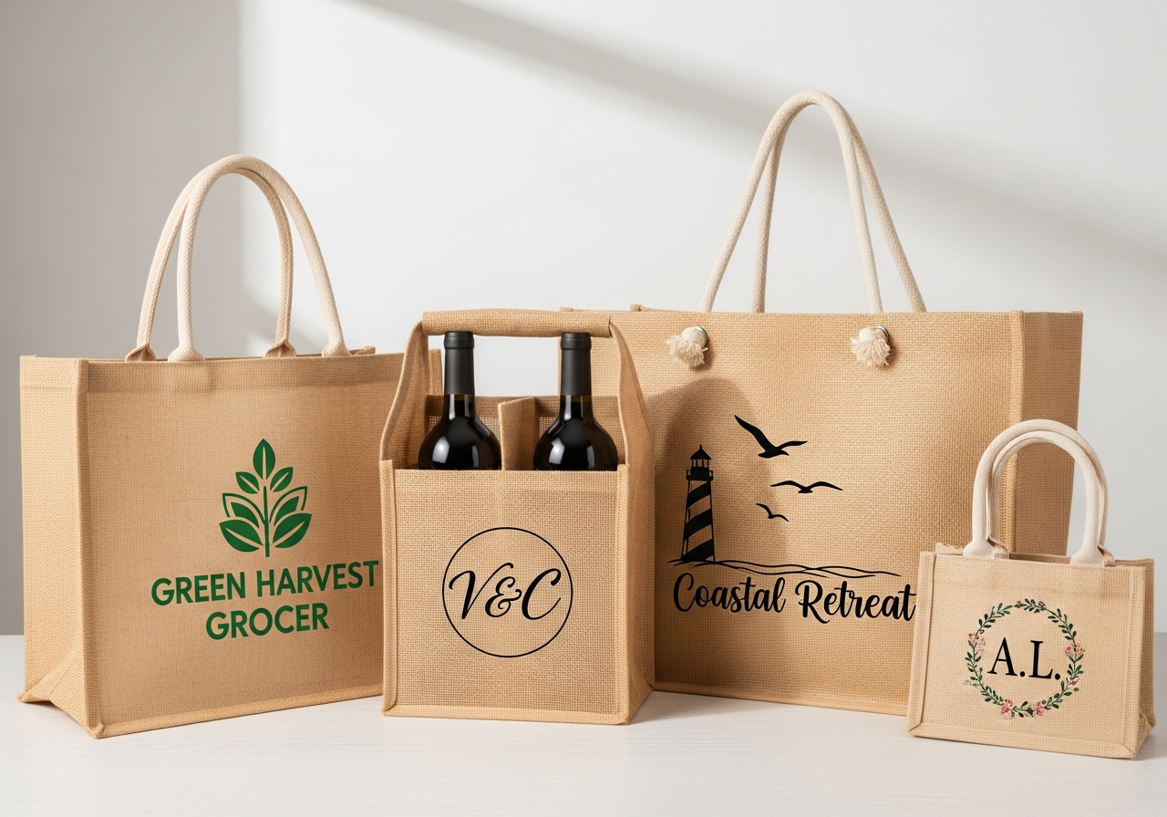 Collection of custom jute tote bag styles including grocery wine carrier beach bag and gift tote