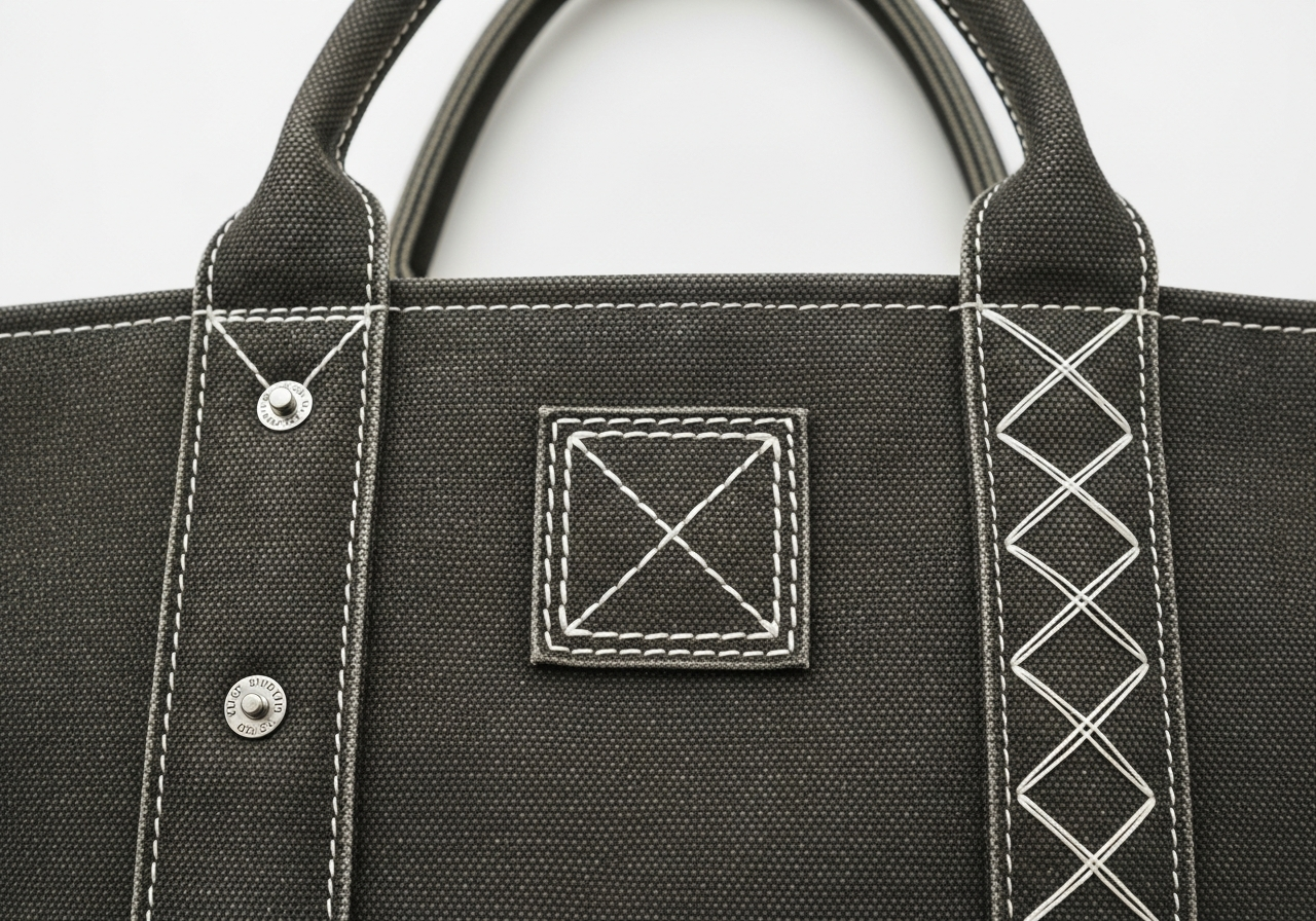 Handle reinforcement techniques for large tote bags riveted box-stitched and cross-stitched methods